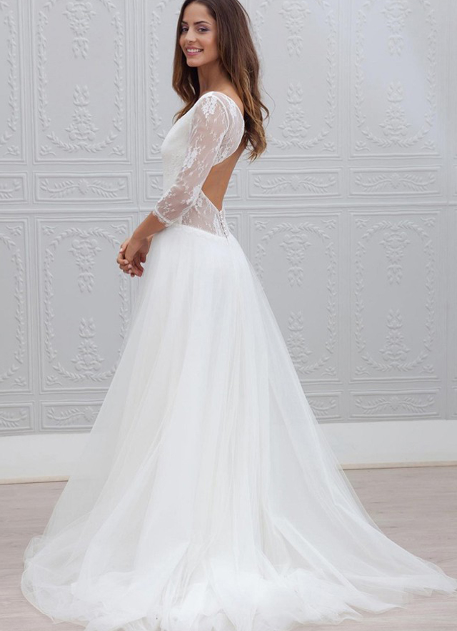 A-line V Neck 3/4 Sleeve Sweep Train Tulle Wedding Dress With Lace