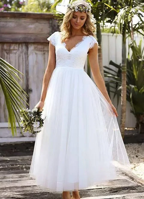 Tulle Wedding Dress A-line V-neck Tea-length With Lace