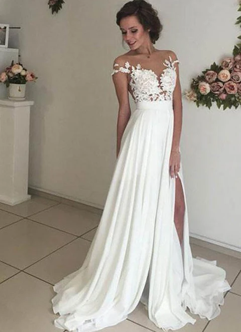 Chiffon Sweep Train A-line/princess Sleeveless V-neck Covered Button Wedding Dress With Appliqued