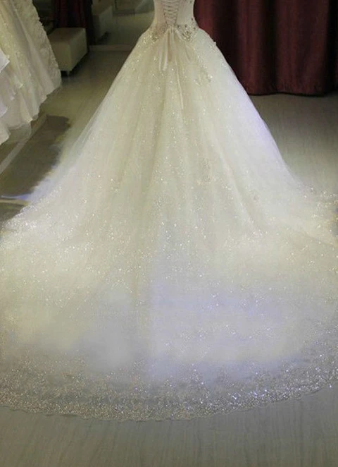 Lace Wedding Dress Ball-gown/princes Strapless Chapel Train With Beaded