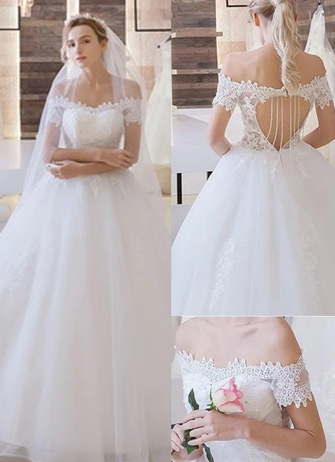 Tulle Wedding Dress Ball-gown/princess Off-the-shoulder Long/floor-length With Appliqued Lace