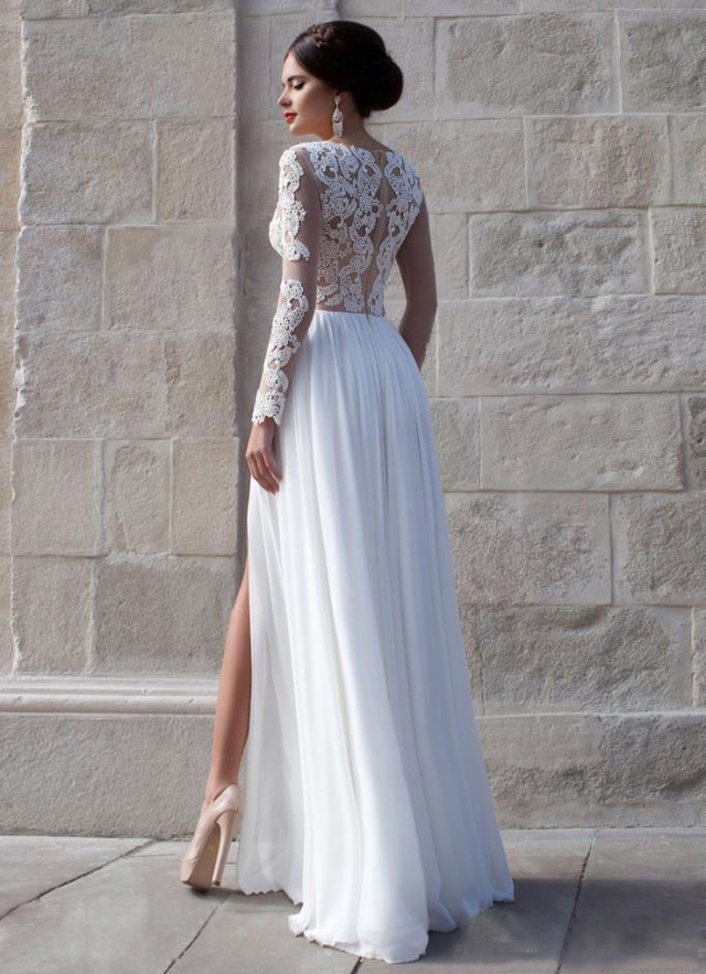 A-line Sweetheart Floor-length Chiffon Wedding Dress With Appliqued Split