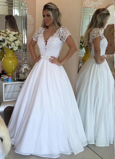 Chiffon Floor-lengthball-gown/princess Short Sleeve V-neck Covered Button Wedding Dress With Beading Lace