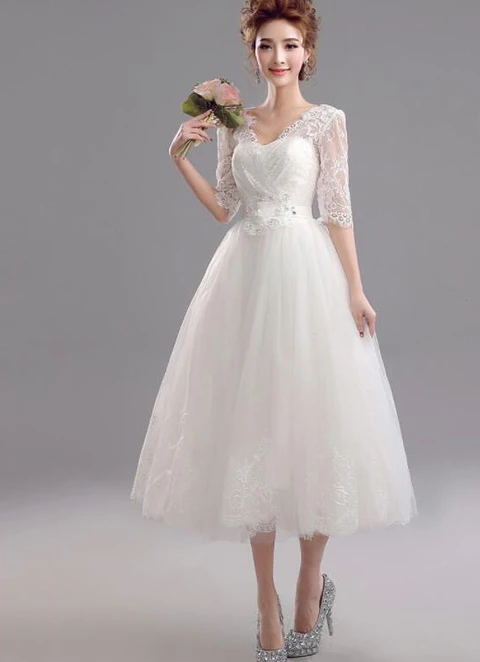 Ball-gown/princess V Neck Half Sleeve Tea-length Tulle Wedding Dress With Lace