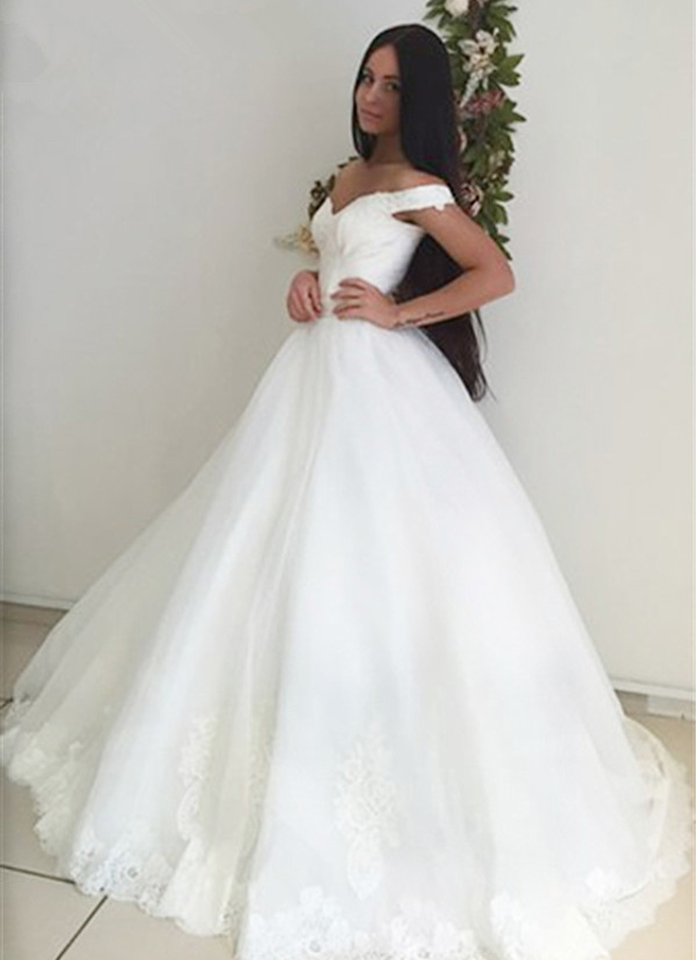 Tulle Sweep Train Ball Gown Sleeveless Off-the-shoulder Lace Up Waistband Wedding Dress