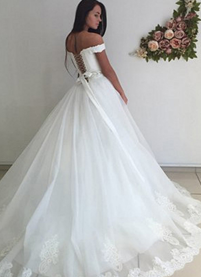 Tulle Sweep Train Ball Gown Sleeveless Off-the-shoulder Lace Up Waistband Wedding Dress