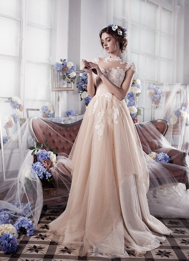 Tulle Wedding Dress A-line/princess Illusion Sweep Train With Appliqued