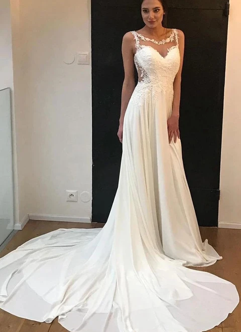 Chiffon Wedding Dress A-line Sleeveless Illusion Neck Chapel Train With Appliqued