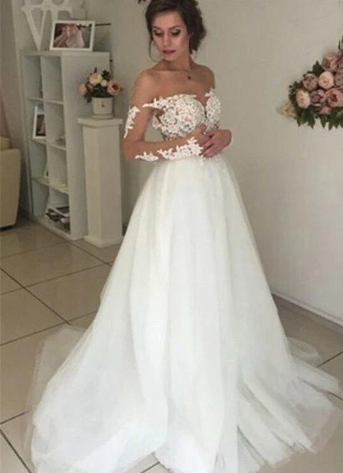 Tulle Sweep Train Ball-gown/princess Full/long Sleeve Off-the-shoulder Zipper Wedding Dress With Appliqued