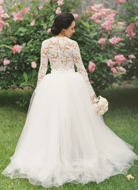 Tulle Wedding Dress Ball-gown/princess Illusion Neck Asymmetrical With Lace