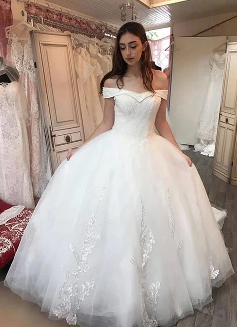 Tulle Wedding Dress Ball-gown/princess Off-the-shoulder Cathedral Train With Appliqued