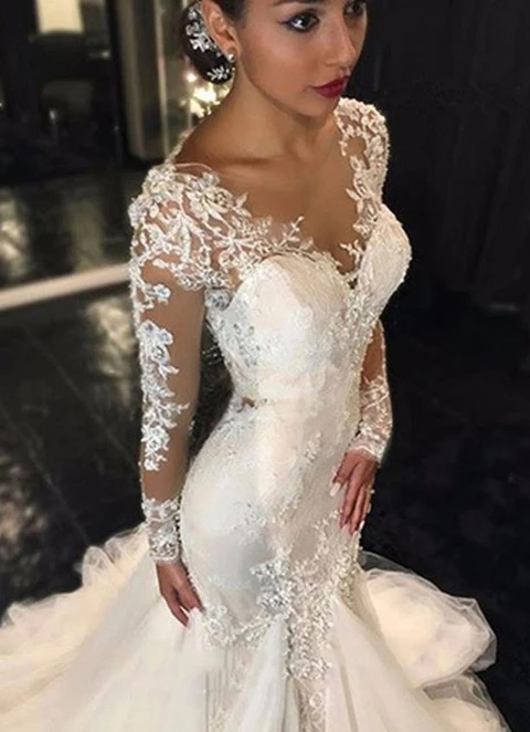 Tulle Trumpet/mermaid Sweep Train Full/long Sleeve V-neck Covered Button Wedding Dress With Appliqued