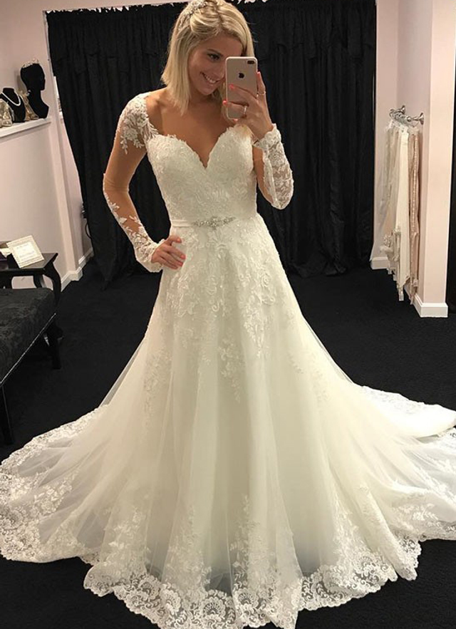 A-line/princess Scalloped Neck Full/long Sleeve Court Train Tulle Appliqued Waistband Wedding Dress