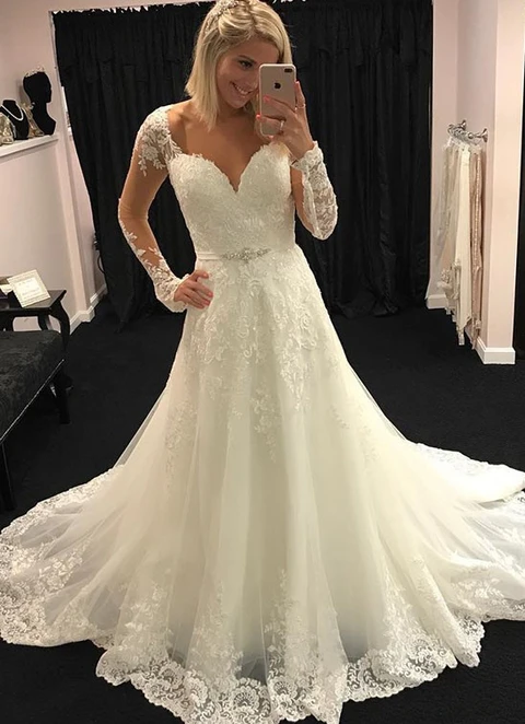 A-line/princess Scalloped Neck Full/long Sleeve Court Train Tulle Appliqued Waistband Wedding Dress