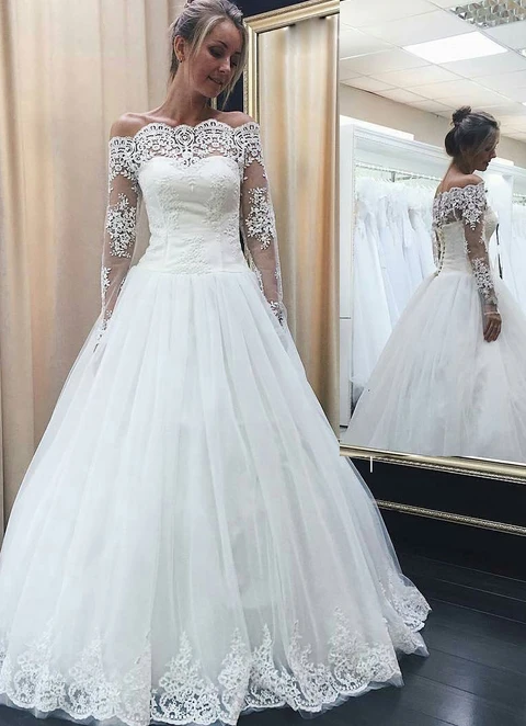 Ball-gown/princess Off-the-shoulder Full/long Sleeve Long/floor-length Tulle Wedding Dress With Appliqued