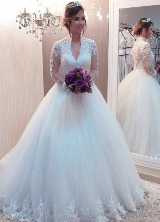 Ball-gown/princess V-neck Full/long Sleeve Sweep Train Tulle Wedding Dress With Appliqued Lace