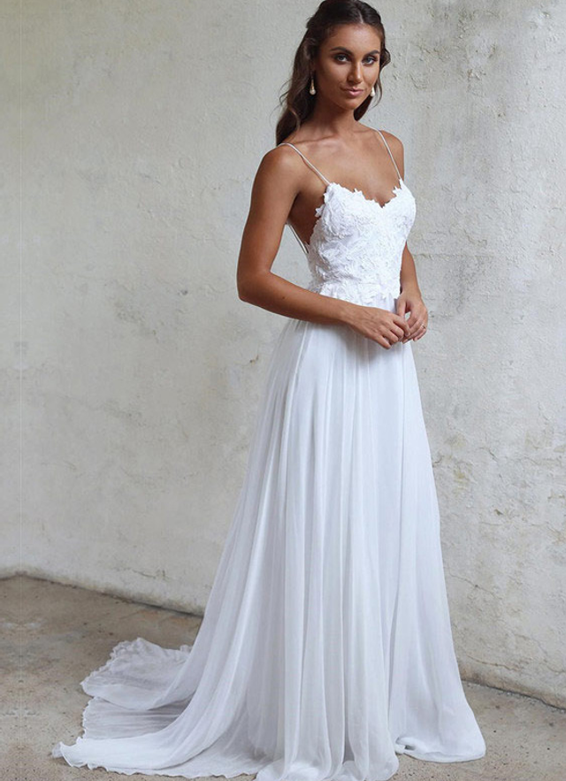 Sweetheart Sweep Train A-line Chiffon Wedding Dress With Lace