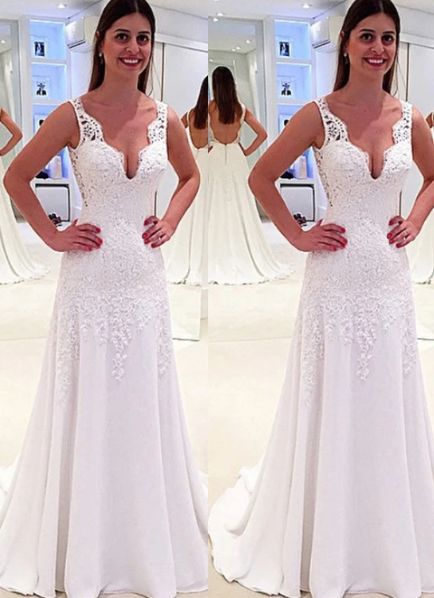 Chiffon Sweep Train A-line Sleeveless V-neck Covered Button Wedding Dress With Appliqued