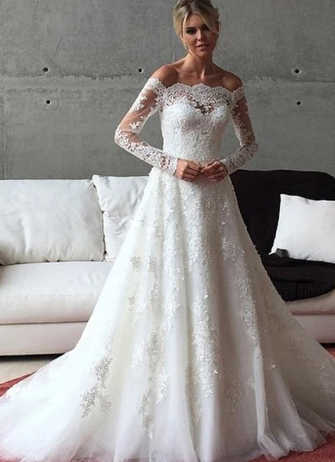 Appliqued Lace Ball-gown/princess Off-the-shoulder Full/long Sleeve Sweep Train Tulle Wedding Dress