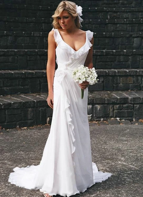 Chiffon Sweep Train Sheath/column Sleeveless V-neck Covered Button Wedding Dress With Pleated