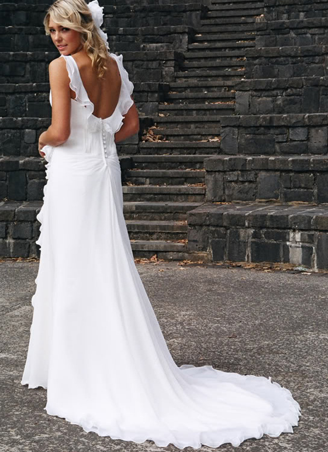 Chiffon Sweep Train Sheath/column Sleeveless V-neck Covered Button Wedding Dress With Pleated