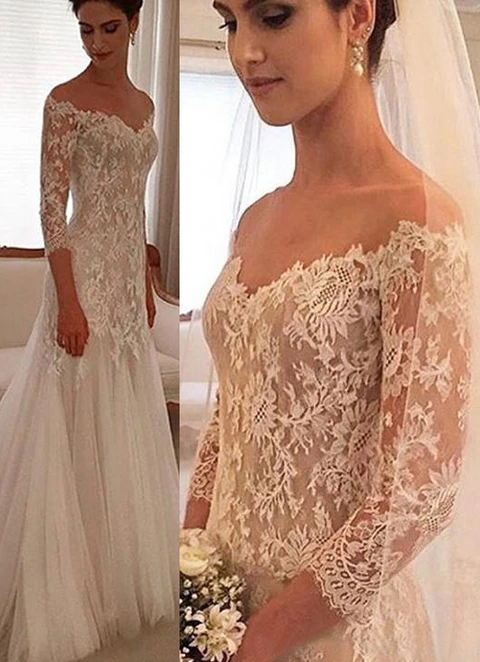 Tulle Sweep Train Sheath/column 3/4 Sleeve Off-the-shoulder Covered Button Appliqued Wedding Dress