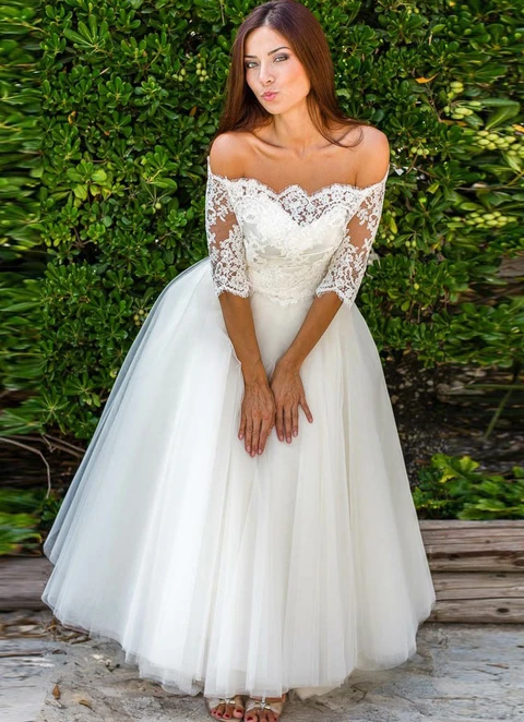 Tulle Ball-gown/princess Off-the-shoulder Ankle-length Lace Wedding Dress