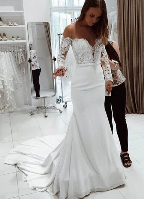 Chiffon Wedding Dress Trumpet/mermaid Full/long Sleeve Off-the-shoulder Court Train With Lace