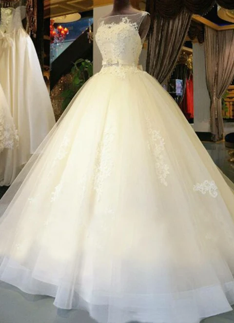 Ball-gown/princess Illusion Sleeveless Long/floor-length Tulle Wedding Dress With Waistband Appliqued