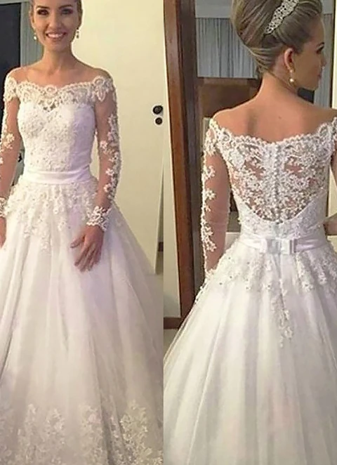 Tulle Court Train Ball-gown/princess Full/long Sleeve Off-the-shoulder Covered Button Wedding Dress With Appliqued Beade