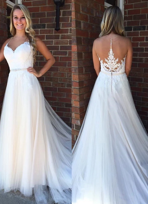 Tulle Wedding Dress A-line/princess V-neck Sweep Train With Lace Beaded Waistband