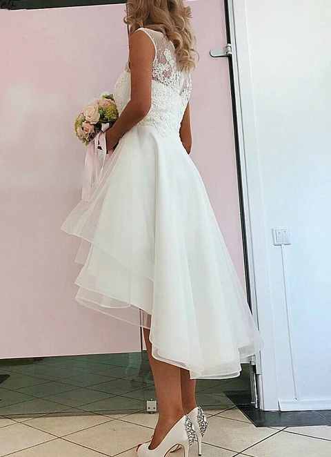 A-line Sleeveless Sweetheart Neck Asymmetrical Tulle Lace Wedding Dress