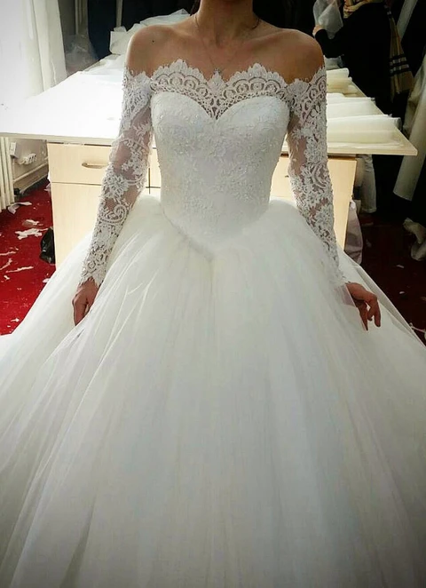 Tulle Wedding Dress Ball-gown/princess Off-the-shoulder Sweep Train With Lace Beaded