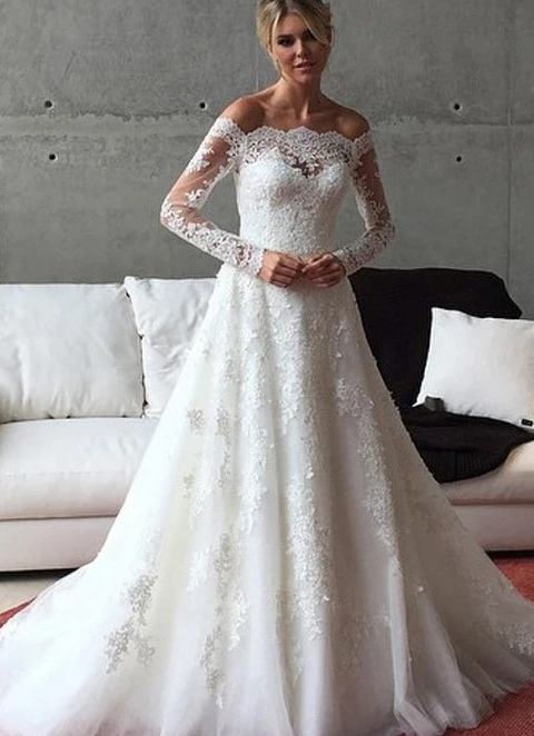 Tulle Wedding Dress Ball-gown/princess Off-the-shoulder Court Train Lace