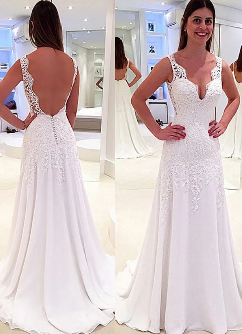 A Line V-neck Sleeveless Sweep Train Chiffon Wedding Dress