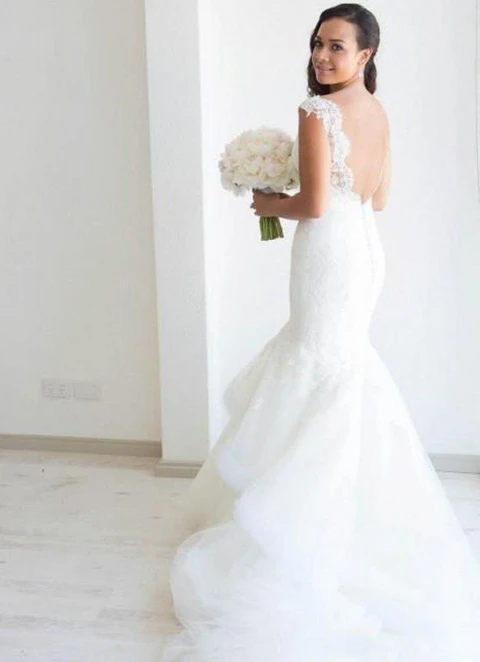 Trumpet/mermaid V-neck Sleeveless Court Train Tulle Wedding Dress With Lace Ruffles