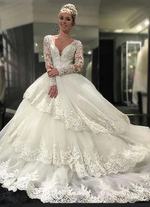 Tulle Cathedral Train Ball-gown/princess Full/long Sleeve V-neck Covered Button Wedding Dress With Beaded