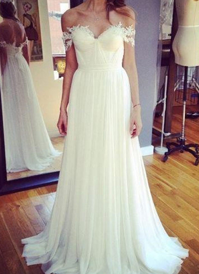 Chiffon Wedding Dress A-line Off-the-shoulder Sweep Train With Appliqued