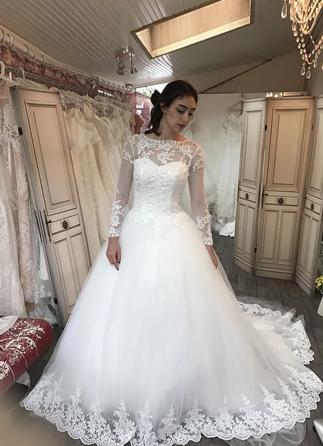 Tulle Wedding Dressball-gown/princess Illusion Cathedral Train With Lace