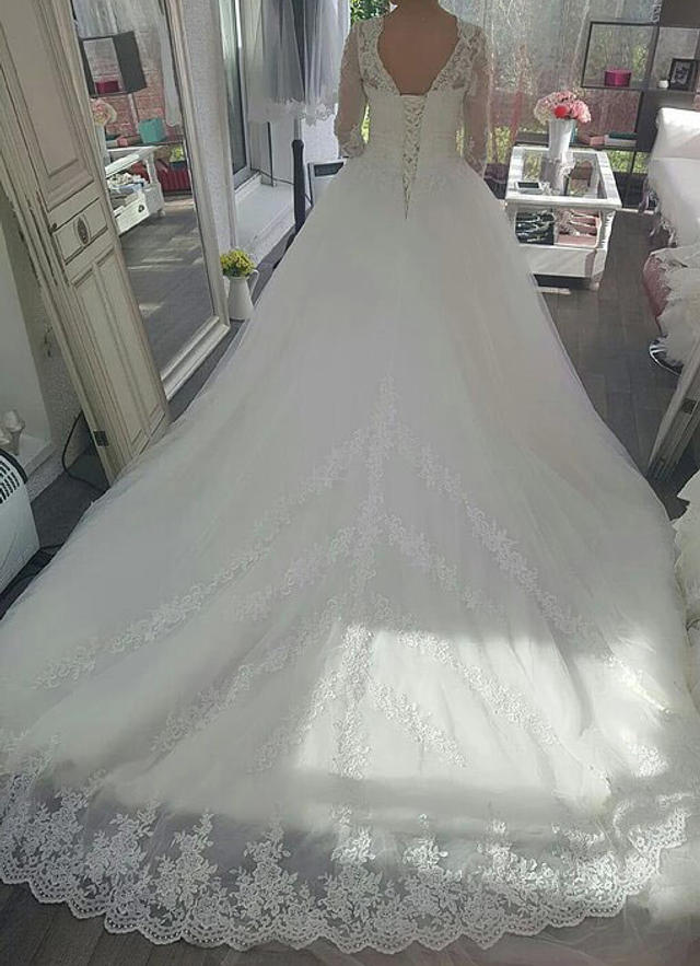 Tulle Wedding Dressball-gown/princess Illusion Cathedral Train With Lace