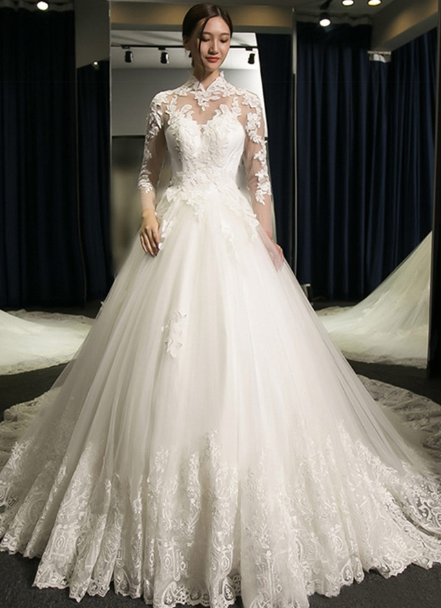 Tulle Wedding Dress Ball-gown/princess High-neck Cathedral Train With Lace Appliqued