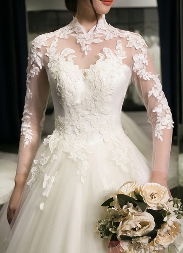 Tulle Wedding Dress Ball-gown/princess High-neck Cathedral Train With Lace Appliqued