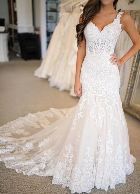 Trumpet/mermaid Sleeveless V Neck Chapel Train Lace Wedding Dress