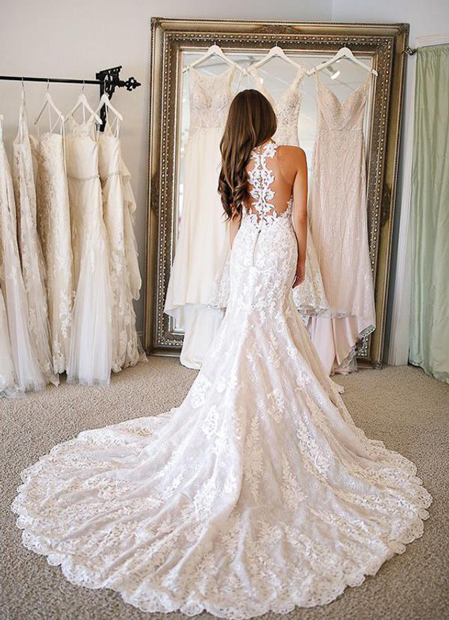 Trumpet/mermaid Sleeveless V Neck Chapel Train Lace Wedding Dress