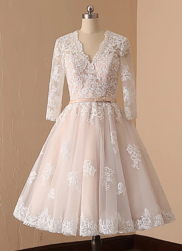 A-line V Neck Full/long Sleeve Lace Tulle Tea-length Waistband Wedding Dress