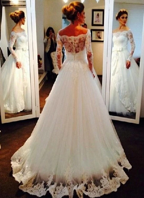 Tulle Sweep Train Ball-gown/princess Full/long Sleeve Off-the-shoulder Zipper Wedding Dress With Appliqued Waistband