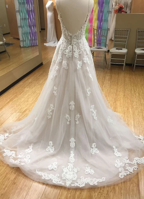 A-line V-neck Sleeveless Court Train Tulle Wedding Dress With Appliqued