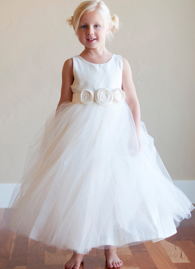 Ball-gown/princess Tea-length Scoop Sleevesless Sashes Tulle Flower Girl Dresses