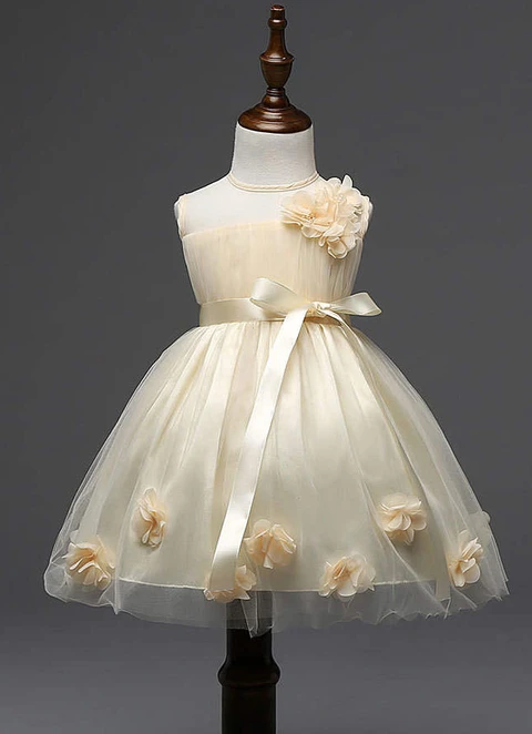 Ball-gown/princess Knee-length Scoop Sleevesless Tulle Flower Girl Dresses With Flowers