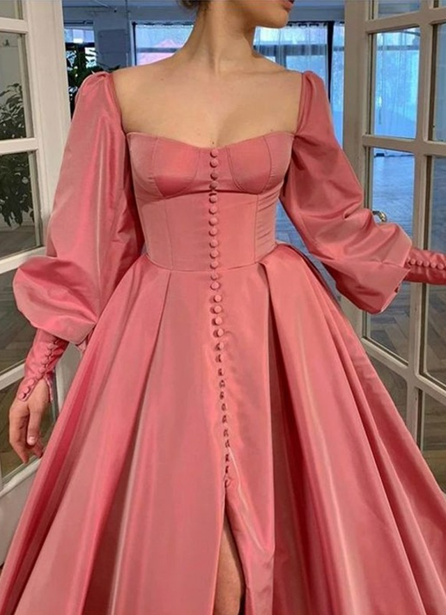 A-line/princess Long Sleeves Square Ruffles Satin Floor-length Dresses